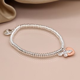 Silver Plate Bead Bracelet with Rose Gold Heart and Bee Silver Plated Costume Fashion Jewellery Mother's Day Gifts Silver Plate Bead Bracelet Bee Rose Gold
