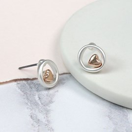Silver Plated Circle and Rose Gold Heart Stud Earrings