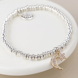 Silver Plated Costume Fashion Jewellery Bracelet Crystal Moon and Stars