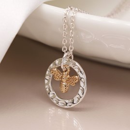 Silver Plated Costume Fashion Jewellery Mother's Day Gifts Hammered Hoop with Gold Plated Bee Charm