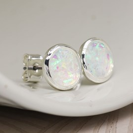 Silver Plated White Opal Stud Earrings