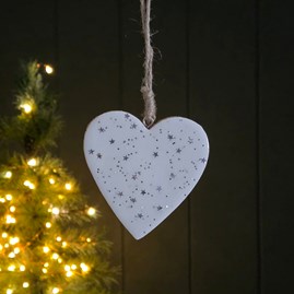 Christmas Tree Decoration Wooden Hanging Heart with Stars Whitye Silver Stars