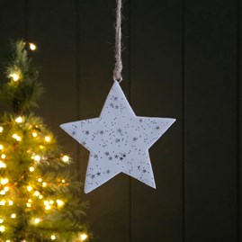 Christmas Tree Decoration Wooden Hanging Star with Stars White Silver Stars