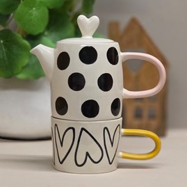 Spots and Hearts Ceramic Teapot & Mug Set Caroline Gardner Ceramic Porcelain Mug Cup Drinkware Tableware Tea For One Teapot Mug Set