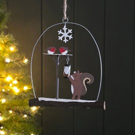 Squirrel and Robins Hanging Christmas Decoration Festive Decorations Quirky Novelty Christmas Tree Decoration Metal Hanging Robin Bauble