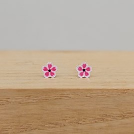 Sterling Silver and Enamel Pink Flower Stud Earrings