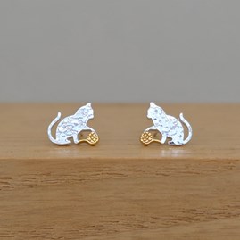 Sterling Silver Gold Plated Cat Earrings Studs Cat Lover Gifts Cats Playing with a Ball of Wool