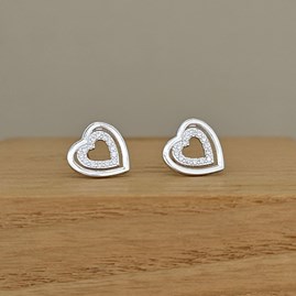Sterling Silver Double Heart CZ Stud Earrings Bridal Jewellery Bridesmaid Jewellery Wedding Jewellery Flower Girl Maid of Honour Jewellery