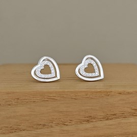 Sterling Silver Double Heart CZ Stud Earrings