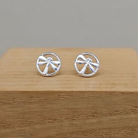 Sterling Silver Dragonfly Within Circle Stud Earrings