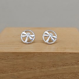 Sterling Silver Dragonfly Within Circle Stud Earrings