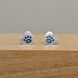 Sterling Silver Heart Paw Print Stud Earrings