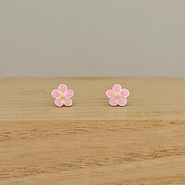 Sterling Silver Pink Enamel Flower Stud Earrings