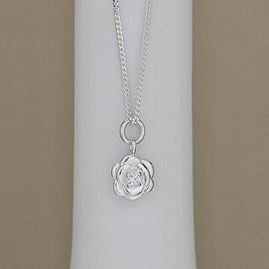 Sterling Silver Small Rose With CZ Charm Necklace