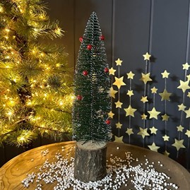 Tall Bristle Tree with Red Bells on Log Decoration