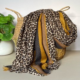 Taupe and Mustard Leopard Print Border Scarf