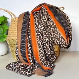 Taupe and Orange Leopard Print Border Scarf