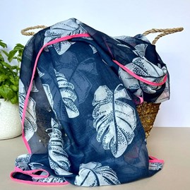 Tropical Leaf Scarf with Border in Navy Blue and Fuchsia