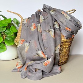 Gifts For Women Scarves And Accessories Watercolour Robins Print Scarf in Grey