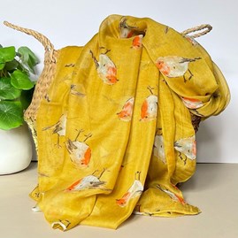 Watercolour Robins Print Scarf in Mustard Gifts For Women Scarves And Accessories Watercolour Robins Print Scarf in Mustard