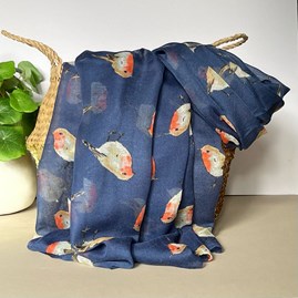 Watercolour Robins Print Scarf in Navy Blue Gifts For Women Scarves And Accessories Watercolour Robins Print Scarf in Navy Blue