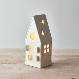 White Tall House Tea Light Holder with Heart White Tall House Tea Light Holder with Heart