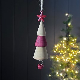 Wooden Tiered Christmas Tree Decoration in Red Natural