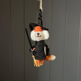 Wool Fox Witch With Broom Hanging Halloween Decoration