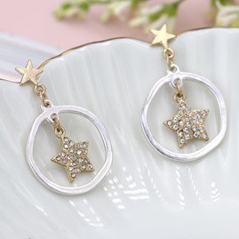 Worn Crystal Inset Star in Silver Plated Hoop Earrings Worn Crystal Inset Star in Silver Plated Hoop Earrings