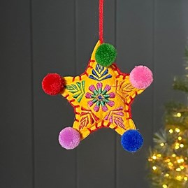 Yellow Multicolour Felt PomPom Star Hanging Decoration Gisela Graham Christmas Gifts Festive Decorations Soft Felt Pompom Star