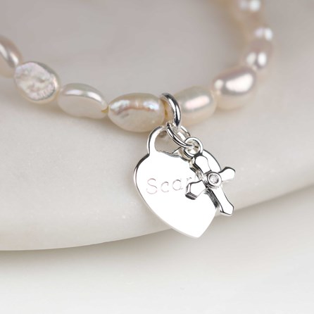 Children's Personalised Pearl Christening Bracelet Christening jewellery christening gift for girls bracelet sterling silver pearl cross heart personal