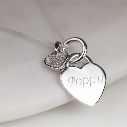 Engraved Silver Heart Necklace With Sparkly Heart Engraved Silver Heart Necklace With Sparkly Heart