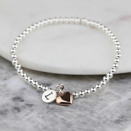 Personalised Skinny Bead Bracelet With Heart Charm Bridal Jewellery Bridesmaid Jewellery Wedding Jewellery Flower Girl Maid of Honour Jewellery