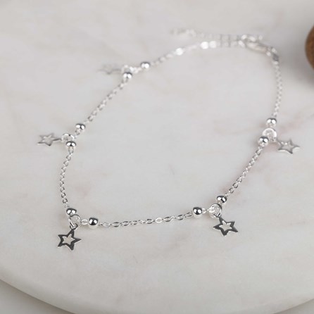 Solid Silver Star And Bead Anklet Solid Silver Star And Bead Anklet