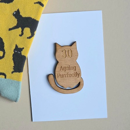 '30 Ageing Purrfectly' Cat Token and Birthday Card Wooden Sentiment Token Wooden Keepsake Gift Milestone Gifts 30th Greetings Card Cat Lover Gifts