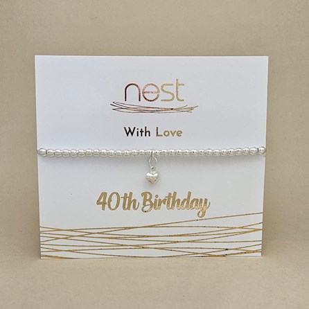 '40th Birthday' Beaded Charm Bracelet Beaded Bracelet Carded Bracelet Sentiment Age Milestone 40 Heart Silver Plated Jewellery