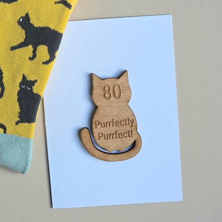 '80 Purrfectly Purrfect!' Cat Token and Birthday Card Wooden Sentiment Token Wooden Keepsake Gift Milestone Gifts 80th Greetings Card Cat Lover Gifts
