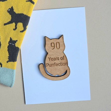 '90 Years of Purrfection' Cat Token and Birthday Card Wooden Sentiment Token Wooden Keepsake Gift Milestone Gifts 90th Greetings Card Cat Lover Gifts