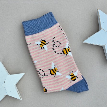Bamboo Bees Stripes Socks in Dusky Pink & Cream Ladies socks bamboo socks bee stripes dusky pink cream soft one size