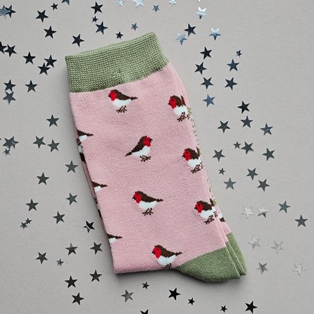 Bamboo Little Robins Socks in Dusky Pink Women's Christmas Socks Ladies Xmas Festive Socks Miss Sparrow Bamboo Socks Clothing Robins Birds