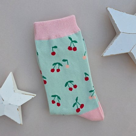 Bamboo Mini Cherries Socks in Mint Green Quirky Novelty Breathable Bamboo Socks Gifts For Mum Mother's Day Gifts Birthday Gifts Anniversary