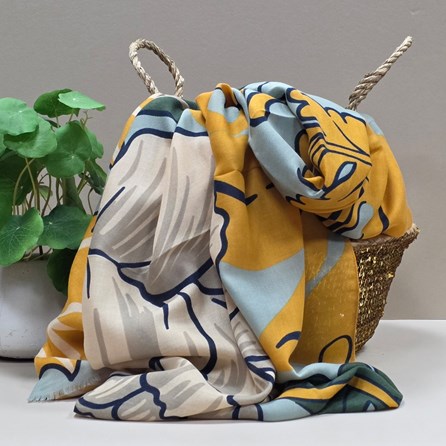 Bold Print Flowers and Leaves Scarf Contemporary Scarves Super Soft Scarf Headscarves Bold Flowers Leaves Blue Yellow Christmas Gifts