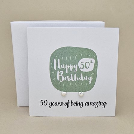 Boxed 50th Birthday Heart Stud Earrings Card Boxed 50th Birthday Heart Stud Earrings Card