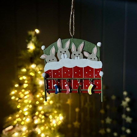 Bunnies In Bed Red Blanket Hanging Christmas Decoration Bunnies In Bed Red Blanket Hanging Christmas Decoration