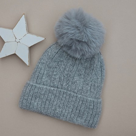 Cable Knit Fleece Lined Pompom Hat in Light Grey Marl Clothing Accessory Gifts Warm Wool Hats Cable Knit Pom Pom Hat Gifts For Women Gifts for Christmas