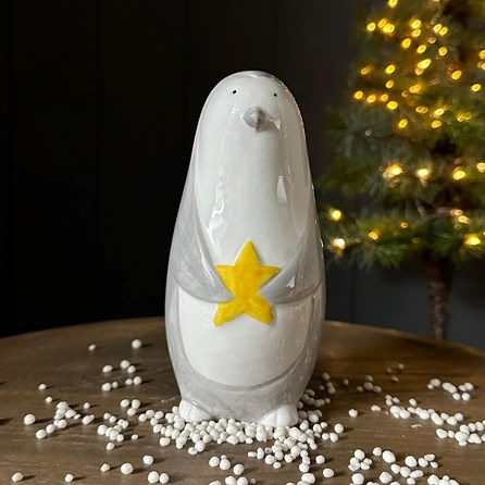 Ceramic Medium Penguin With Star Christmas Ornament Christmas Table Decorations Festive Gifts Porcelain Gifts Ceramic Penguin