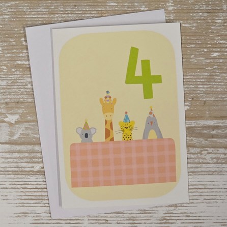 Children's 4th Birthday Party Animals Card Children's Fun Birthday Card Animal Design 4th Birthday Milestone Cards Cute Children's 4th Birthday