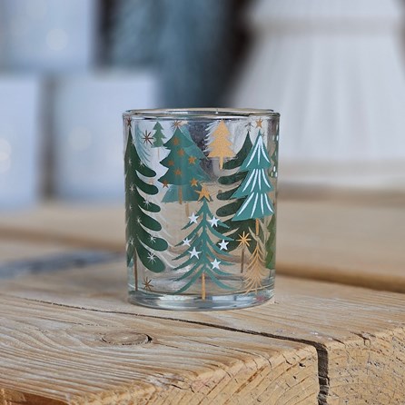 Clear Glass Tea Light Holder With Green Trees Gisela Graham Christmas Table Decorations Festive Gifts Glass Tealight Holders Candle Holders