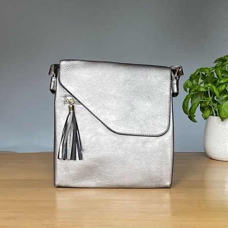 Cross Body Bag With Tassel in Silver Grey Gifts For Women Handbags And Accessory Gifts Cross Body Bags Silver Grey Zip Fold Over With Tassel