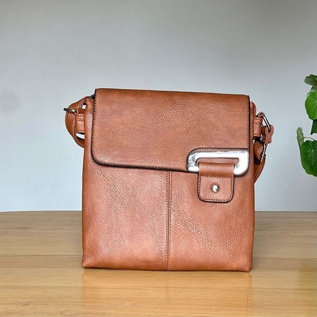 Cross Body Press Stud Bag in Brown Gifts For Women Handbags And Accessory Gifts Cross Body Bags Silver Press Stud Bag in Brown Long Str